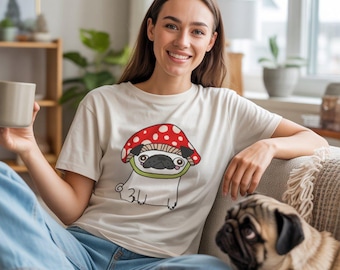 Pug T-Shirt | Red Polka Dot Mushroom Hat, Illustration
