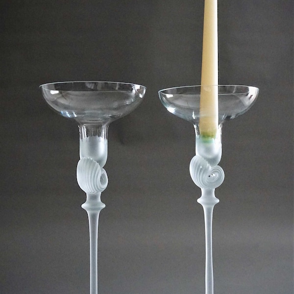 Glas Leuchter matt, Set of 2, mundgeblasenes Glas, satiniert und Graviert, Handarbeit, Signiert