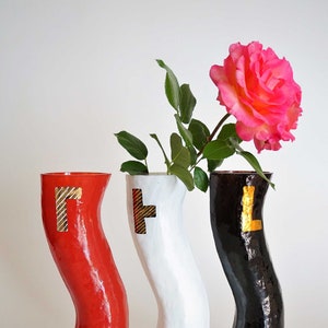 Vase, Set 3 Boston, mouth-blown colored glass, painting, handmade, signed