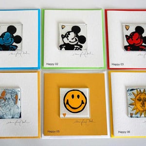 Künstler/ Geschenkkarten, Happiness, mit Glas Bild auf Karton, 300 Gramm und Briefumschlag 16 x 16 cm, Handarbeit, Signiert