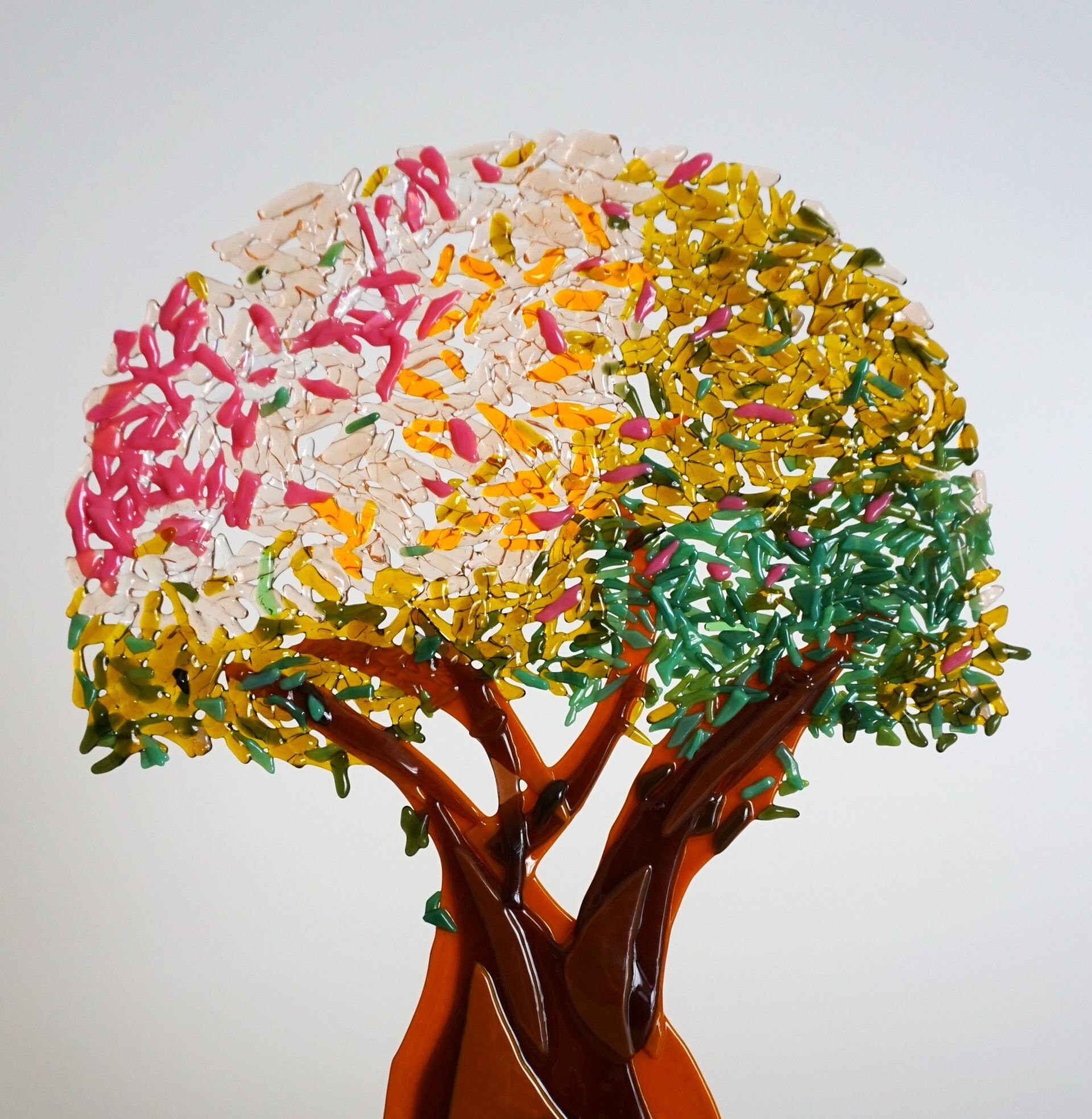 Tree of life, large, fused coloured glass, on wooden base, handmade, unique
