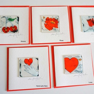 Künstler/ Geschenkkarten, In Rot, mit Glas Bild auf Karton, 300 Gramm und Briefumschlag 16 x 16 cm, Handarbeit, Signiert