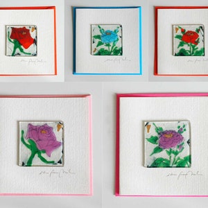 Künstler/ Geschenkkarten, Rosen verschiedene Farben, Glas, Bild auf Karton, 300 Gramm und Briefumschlag 16 x 16 cm, Handarbeit, Signiert