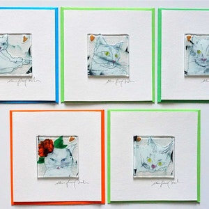 Künstler/ Geschenkkarten, Katzen, mit Glas Bild auf Karton, 300 Gramm und Briefumschlag 16 x 16 cm, Handarbeit, Signiert