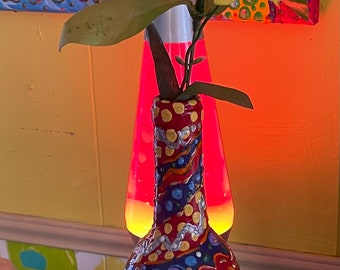 Painted upcycled wine bottle vase