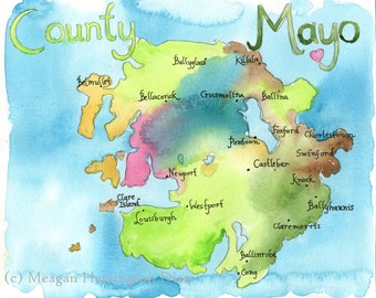 Ireland Map - County Mayo Ireland - Fine Art Watercolor Print - Map Art
