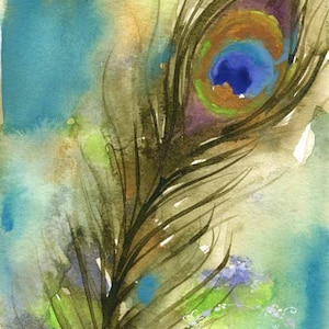 Bird Art - LARGE print - Peacock Feather Watercolor - Feather Artwork - Bird Watercolor