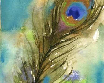 Bird Art - LARGE print - Peacock Feather Watercolor - Feather Artwork - Bird Watercolor