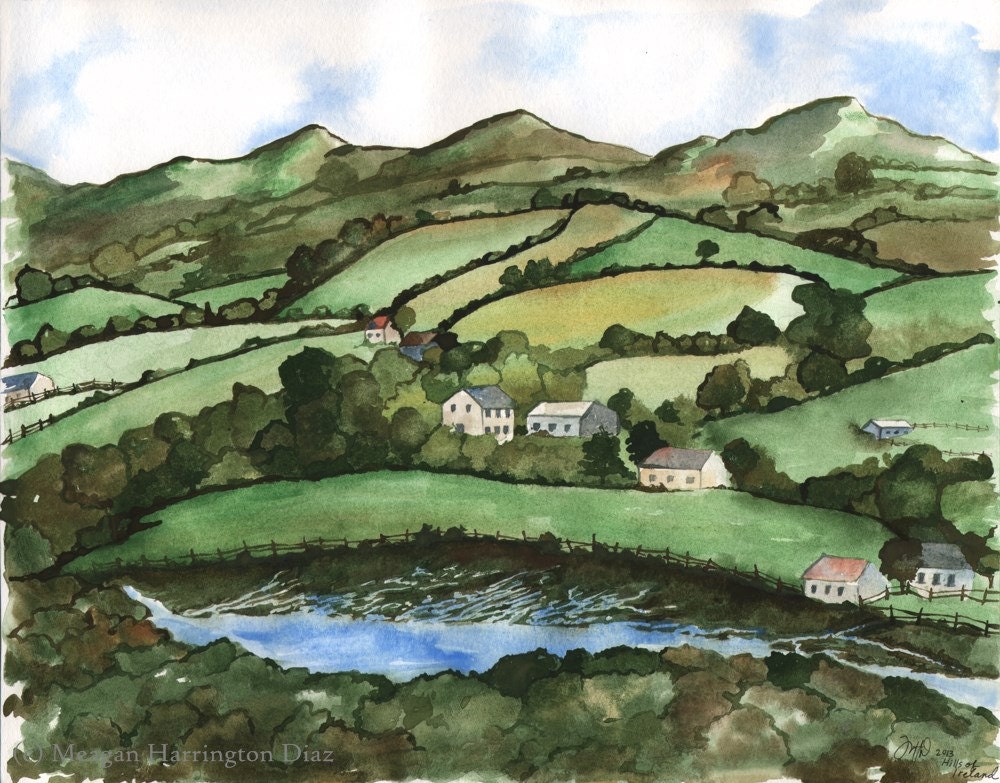 Irish Rolling Hills Irish Countryside Illustration Print Emerald Isle Print Ireland Travel Ireland Landscape Art Irish Fields Art Print