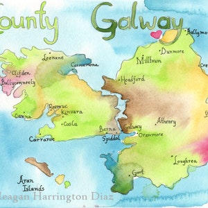 Map Art - Ireland Map - County Galway Ireland - LARGE Fine Art Watercolor Print