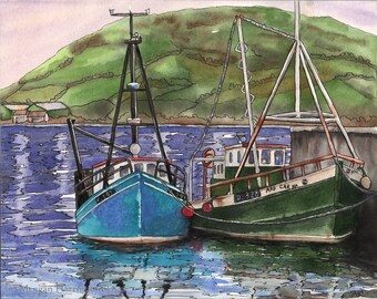 Ship Art - Castletownbere Boats - Fine Art Print Ireland - Boat Painting - Harbor Watercolor