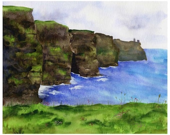 Irlanda Painting - Acantilados de Moher - Acuarela Letra de Bellas Artes - Paisaje de Irlanda