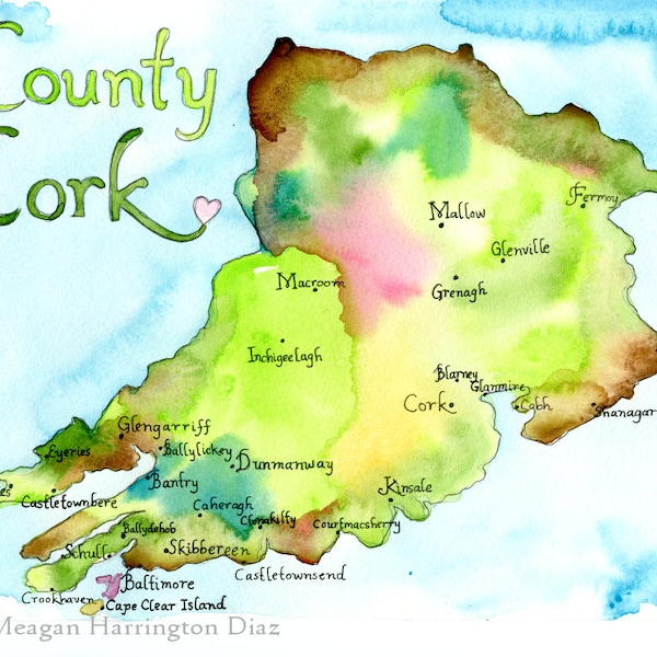 Map Art - Ireland Map - County Cork Ireland - Fine Art Watercolor Print - Ireland Map - Cork Ireland