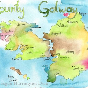 Karte von Art - Irland Karte - County Galway - Irland - Aquarell Fine Art-Print - Anzeigen Aquarell