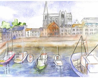 Cork City Ireland Acuarela - impresión de bellas artes - Irlanda Pintura del paisaje - Arte del barco