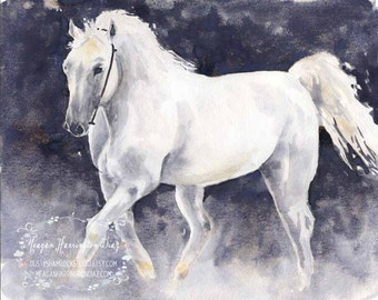 Stallion Painting - LARGE - Horse Painting - White Horse Watercolor -
