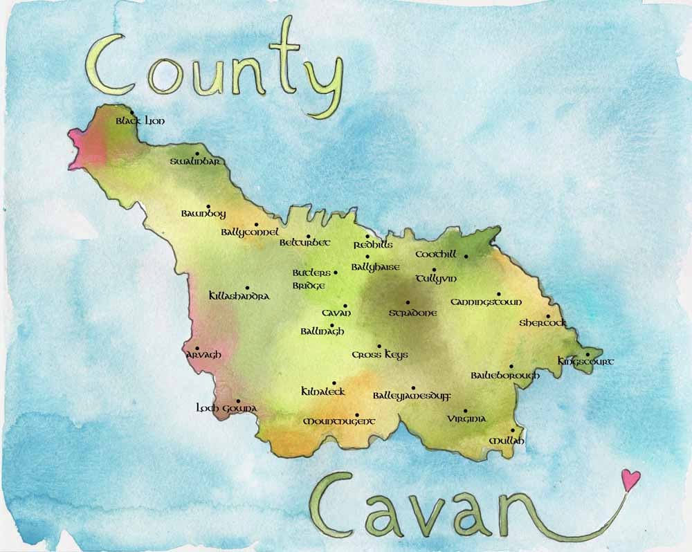 Map Art - Ireland Map - County Cavan Fine Art Watercolor Print