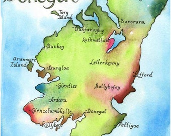 Irlanda mapa ORIGINAL acuarela pintura - 8 x 10 - el Condado de Donegal