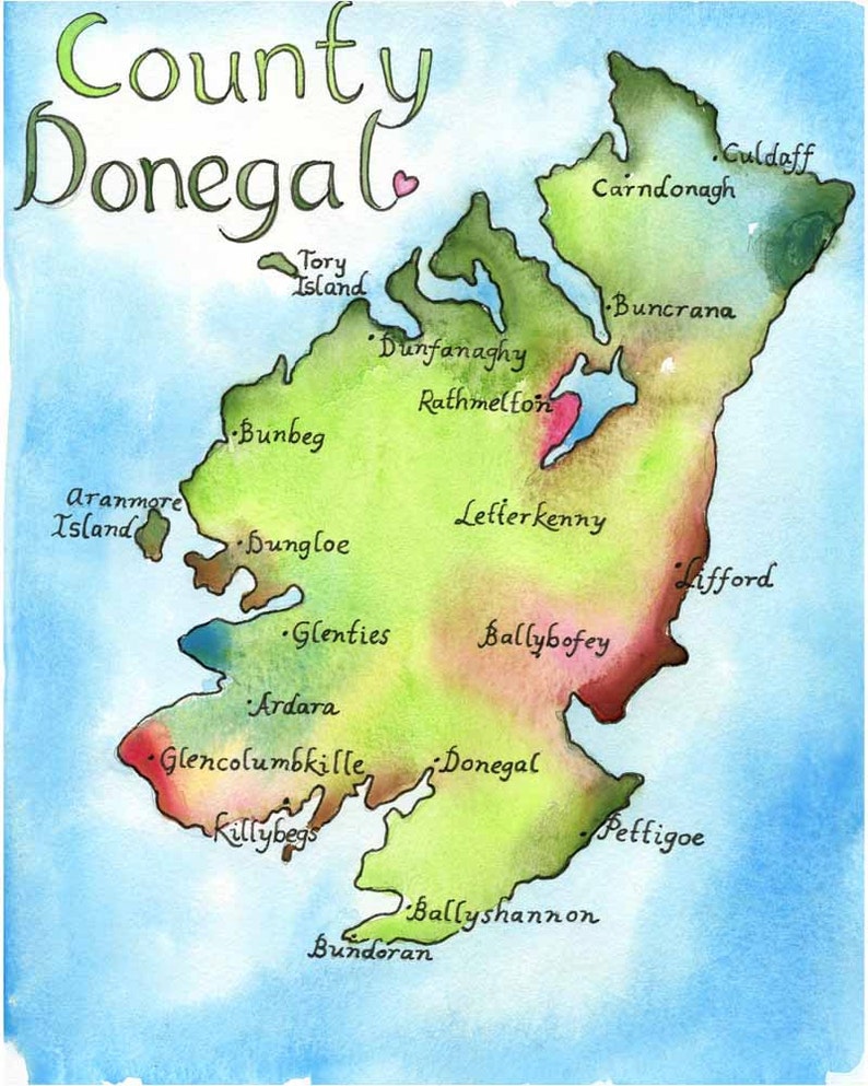 Kaart Kunst Ierland Kaart County Donegal Ierland Fine Art Aquarel Print afbeelding 1