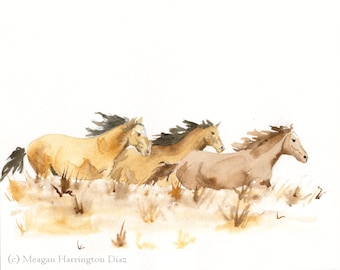 Horse Art - Horses Running - Aquarelle Fine Art Print Animal Painting - Chevaux sauvages