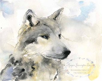 Wolf Painting - LARGE print 12x16 or 16x20 - Winter Grey Wolf - Whimsical painting - Wolf Watercolor