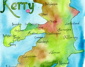 County Kerry Ireland Map LARGE print  - Map of Ireland Counties - Watercolor Map