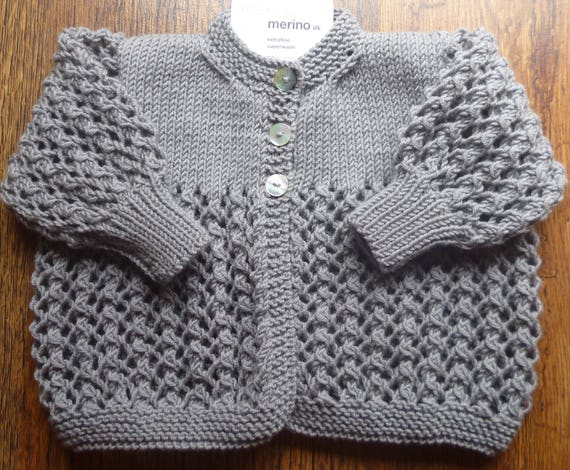 Items similar to Traditional Hand knitted Grey Baby Round Neck matinee ...