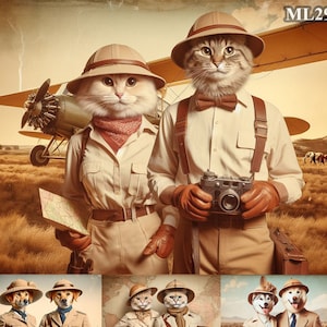 Portrait personnalisé d'explorateur d'animaux de compagnie avec un avion vintage portant un portrait de style carte postale en tissu d'archéologue avec une carte vintage et une femme avec un vieil appareil photo