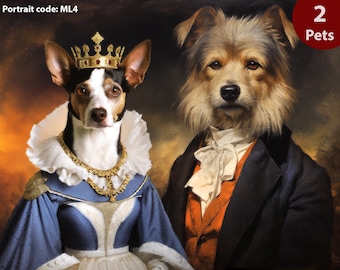 Two dogs custom Portrait, Custom Pet Portrait, Pet Portrait Custom Dog Portrait, Cat Portrait, Regal Royal Animal king queen renaissance