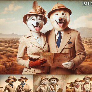 Cartão postal estilo retrato de casal de animais de estimação personalizado vintage com mapa vintage e câmera antiga dos anos 1920, retrato de dois cães, presente de retrato de dois gatos