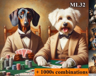 Two Dogs Playing Poker custom pet portrait, gift for dad, personalizable 2 pet portrait, 3 pets, 4 pet portrait table poker game painting