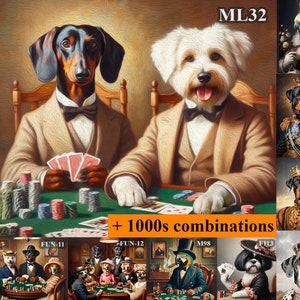 Portrait personnalisé d'animal de compagnie de deux chiens jouant au poker, cadeau pour papa, 2 portraits d'animal de compagnie personnalisables, 3 animaux de compagnie, peinture de jeu de poker de table de portrait d'animal de compagnie 4