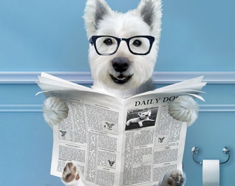 Custom Pet Portrait, Dog Read Newspaper in Toilet, Funny Pet Portrait, kids Bath Wall Art, Toilet Print, Animal in Bath tube, toilet decor