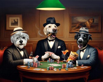 3 Dogs Playing Poker custom pet portrait,  gift idea for pet lover, Christmas Gift 2 pet portrait, 3 pets, 4 pet portrait table poker game