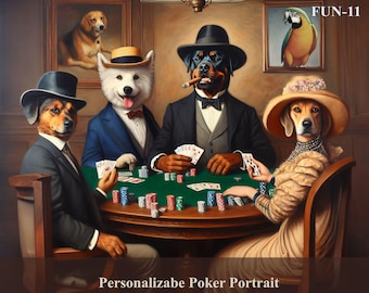 Dogs Playing Poker custom pet portrait, Father's day Funny gift idea, personalizable 2 pet portrait, 3 pets, 4 pet portrait table poker game