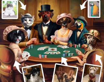 Custom Pets Poker portrait, funny gift idea for multiple pets, customize1-6  pets, gift for dad, family gift for Christmas, pet loss gift