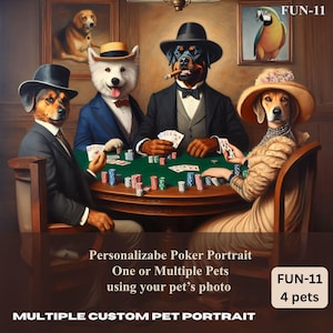 Cães jogando pôquer retrato de animal de estimação personalizado, ideia de presente engraçada para o dia dos pais, retrato personalizável de 2 animais de estimação, 3 animais de estimação, jogo de pôquer de mesa de retrato de 4 animais de estimação