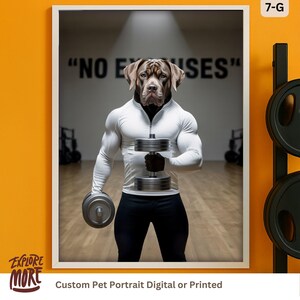 Könnte beinhalten: Ein brauner und weißer Hund, der ein weißes Hemd und eine schwarze Hose trägt, hebt Gewichte in einem Fitnessstudio. Der Hund schaut in die Kamera. Der Text "NO EXCUSES" steht an der Wand hinter dem Hund.