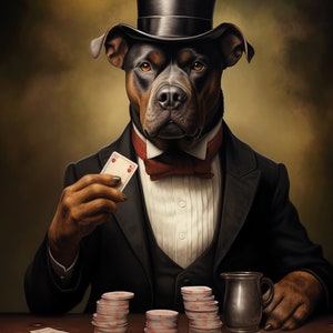 Portrait d'animal de compagnie personnalisé chien jouant au poker avec chapeau et cartes, portrait numérique amusant d'animal de compagnie, portrait de chien personnalisé à partir d'une photo, cadeau de fête des pères