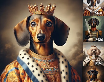 Dog king custom portrait using pet photo, regal pet portrait, Regal royal Pet Portrait, Dachshund funny gifts, digital printed renaissance