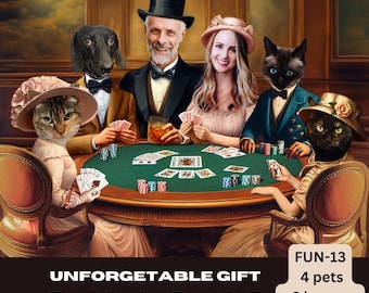 Pets with Owners gift idea, playing poker, personalizable 2 pet portrait, 3 pets, 4 pet portrait table poker game, multiple pets, cats poker