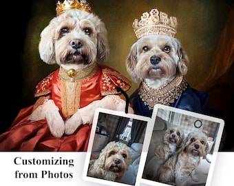 2-Pet Portrait, Custom Pet Portrait, Pet Portrait Custom Dog Portrait, Cat Portrait, Regal Royal Animal two females renaissance pet portrait