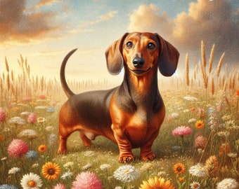 Dachshund wall art for home decor, vintage dachshund in wildflower field, dachshund gifts, wiener dog art print, digital oil painting dog