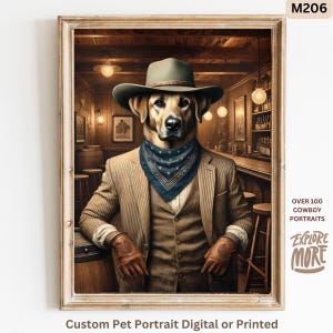 Custom Cowboy Pet Portrait from photo Western Country Series,dog lover gift, any pet, cat cowboy gift, boho, wild west pet painting wall art