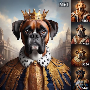 Retrato personalizado de rei cão usando foto de animal de estimação, retrato de animal de estimação real, retrato de animal de estimação real real, presentes engraçados de cão boxer, renascentista impresso digitalmente
