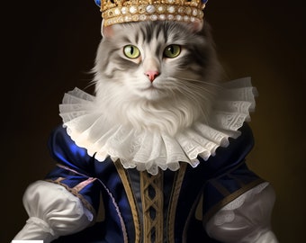 Royal Blue Cat Portrait, Digital File Pet Royal Portrait, Royal Cat Portrait, Dog Royal Portrait As Gift For Pet Lover, vintage cat dress