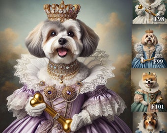 Custom Renaissance Pet Portrait, Custom Royal Pet Portrait, Royal Dog Portrait, Havanese dog in purple dress, funny art dog lover gift