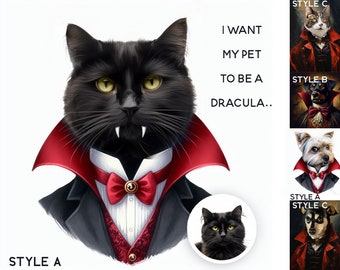 Dracula Pet Painting Print Personalized Cat Painting, Pet Lovers Gift, Vampire fangs Pet Portrait gift, Vampire Cat art print watercolor art