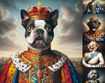 Renaissance bulldog portrait using photo, Colorful dog as king Portrait, funny dog gifts for dad royal Boston Terrier Dog wall art painting
