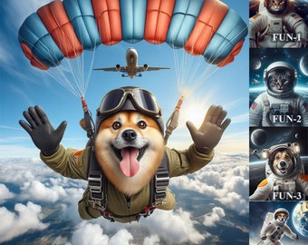 Custom Pet Sky Diving portrait using photo, Dog with parachute portrait, funny flying pet custom wall art gift for pet lover Dog Dad gift